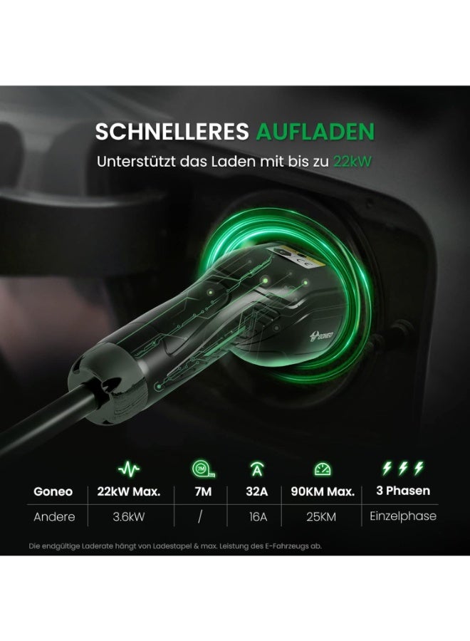 جونيو كابل شحن اي في/بي اتش اي في نوع 2 إلى النوع 2 مينيكس مود 3 بقدرة 22 كيلووات و32 امبير وطول 7 متر و3 مراحل وشنطة تخزين للسيارة الكهربائية S/3/X/Y من جونيو - Image 4